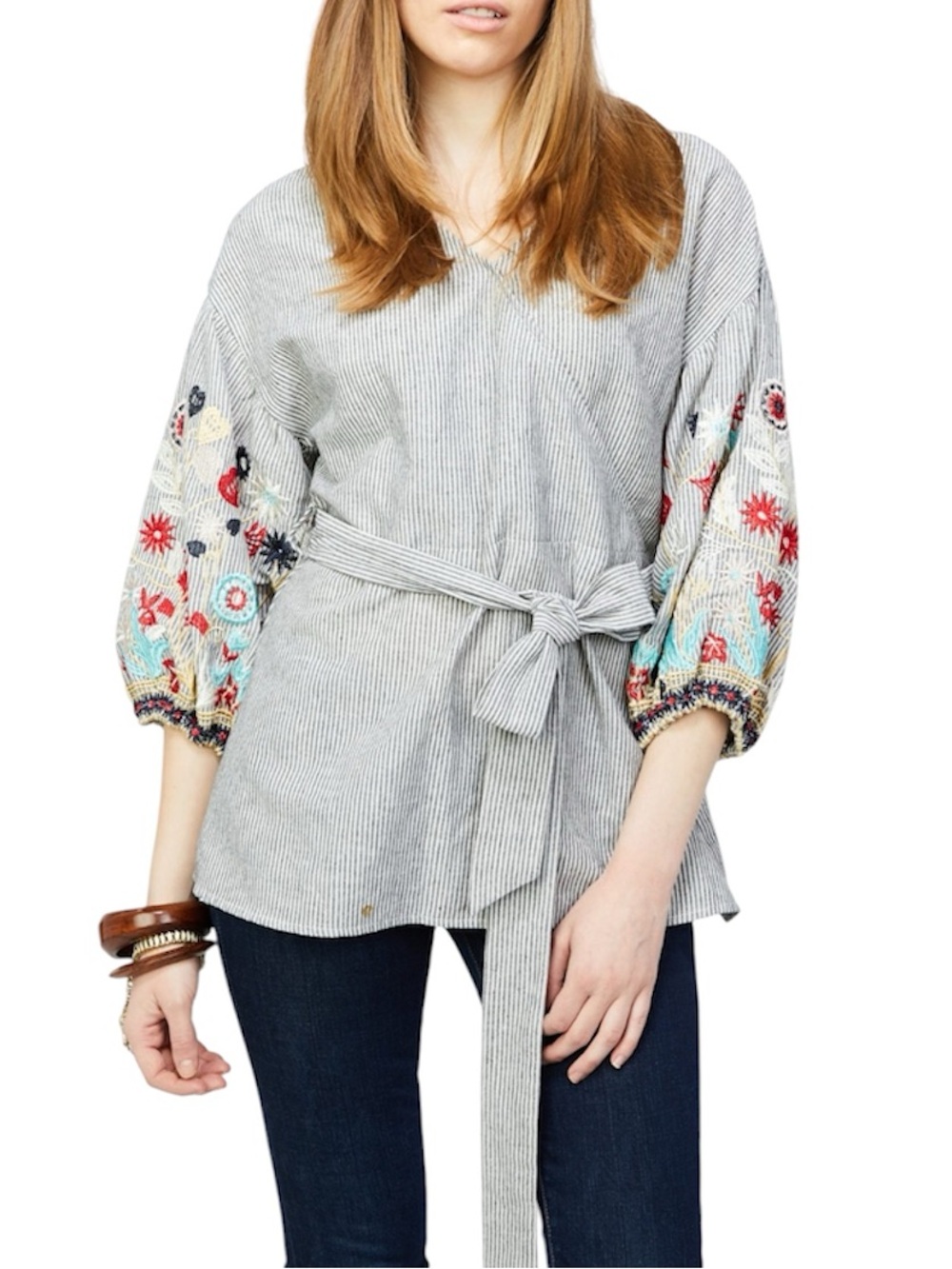 Striped Wrap Tunic with Embroidered Balloon Sleeves - Multi